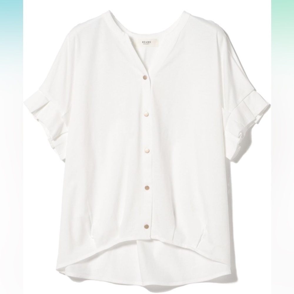 BEAMS Heart - White Button down V neck Short sleeve blouse shirt